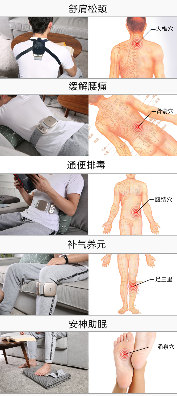 舒肩松頸、緩解腰痛、通便排毒、補氣養(yǎng)元、安神助眠